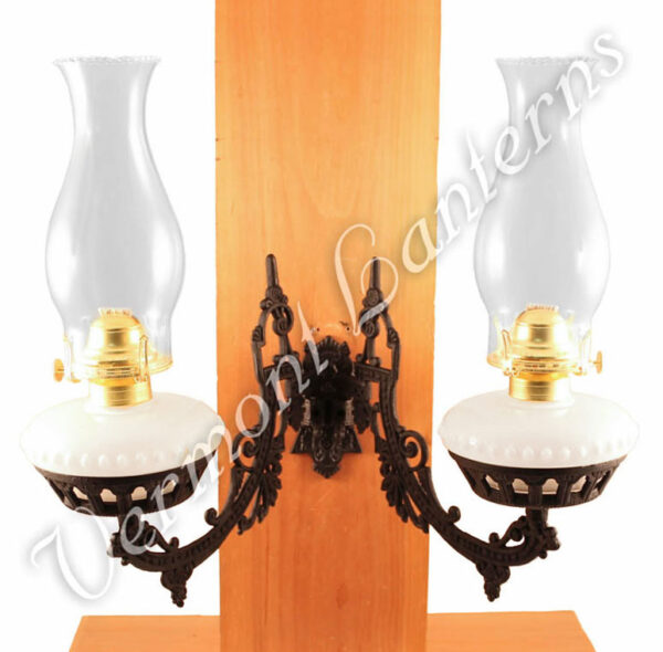 Dual Oil Lamp - Opal w/Cast Iron Bracket