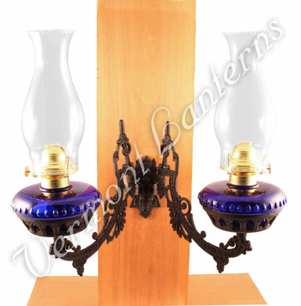 Dual Oil Lamp - Cobalt Blue w/Cast Iron Bracket