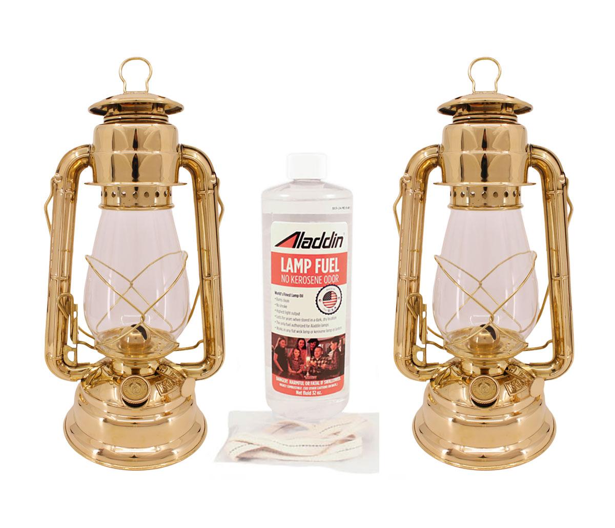 12.5 Brass Hurricane Lantern Kit - 2 Lanterns + Lamp Oil, Extra Wick